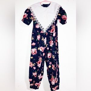 Navy Blue Vintage Jo Lene Floral Romper Jumpsuit Lace Peterpan Collar